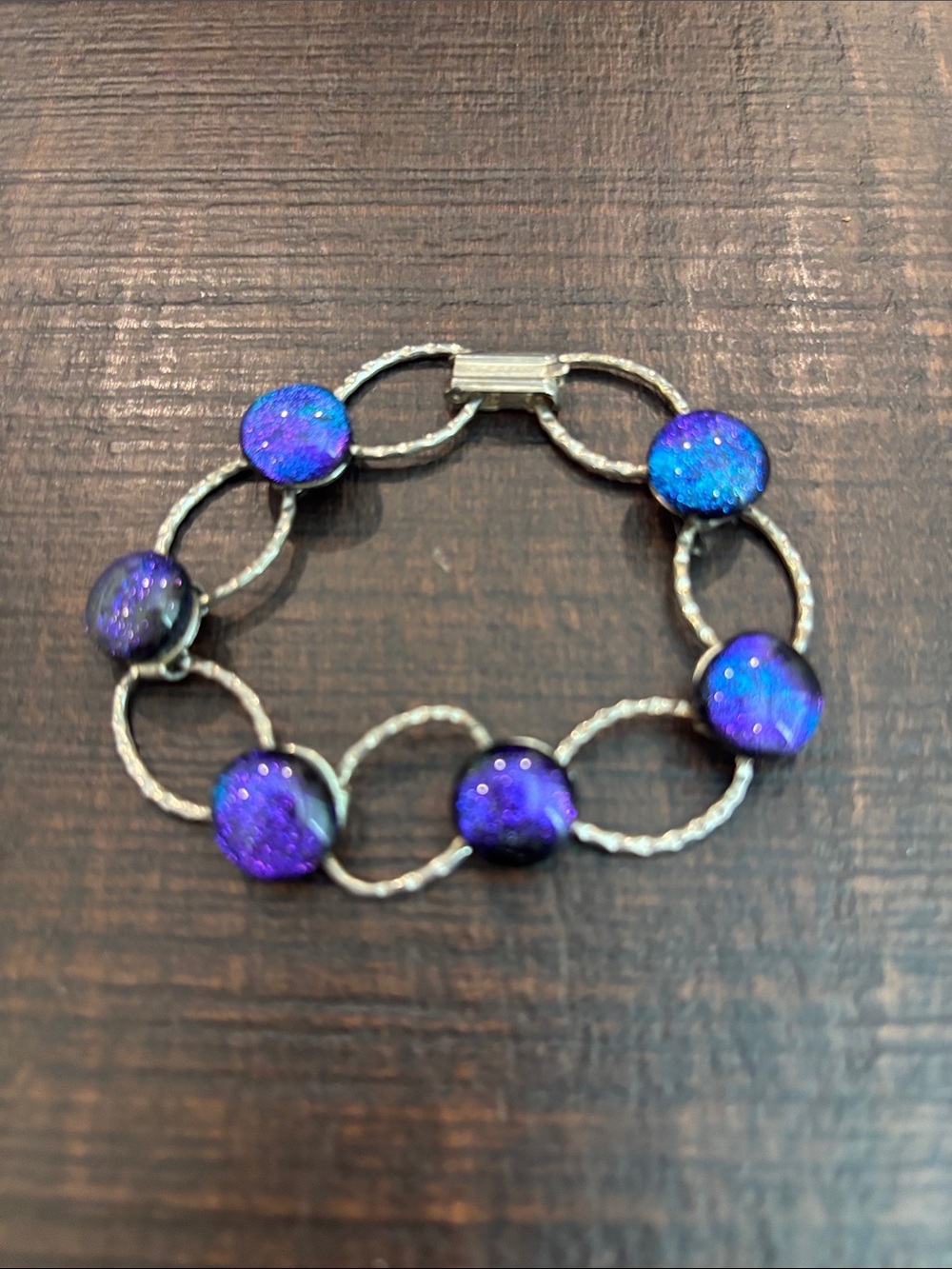 Vintage Artisan Dichroic Fused Glass Iridescent Link Bracelet Silver Tone